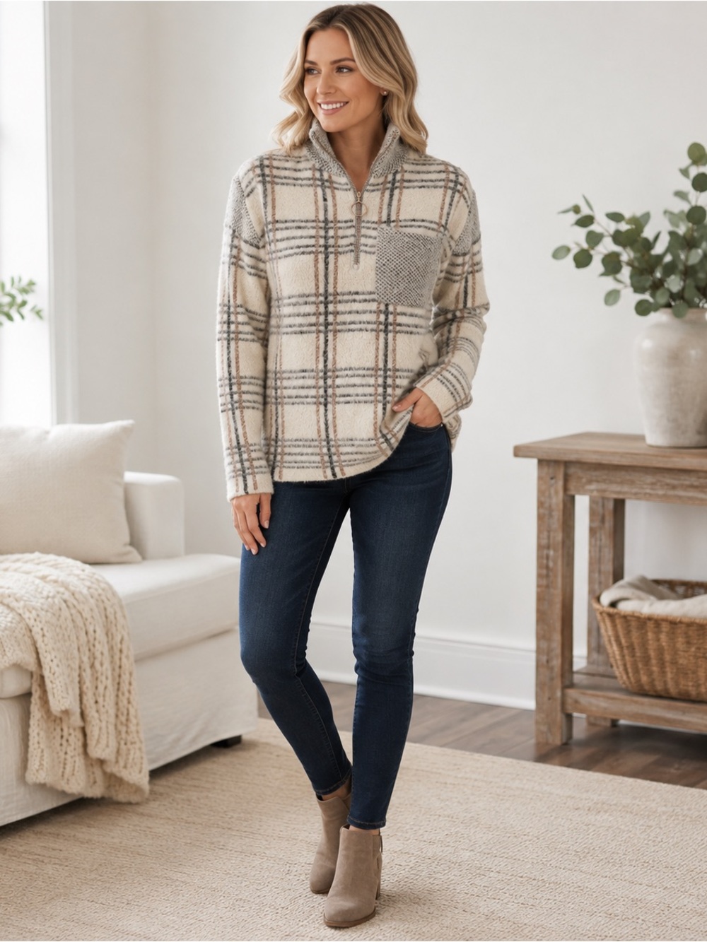 Entro Womenâs S Plaid Quarter Zip Sweater Cream Black Rose Gold Cozy Pullover